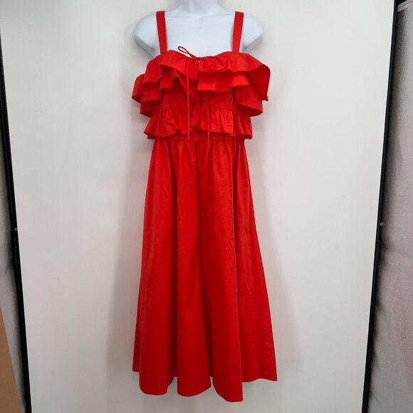 Jason Wu Red Ruffle Tiered Cotton Midi Dress - Size 10 - Picture 1 of 8